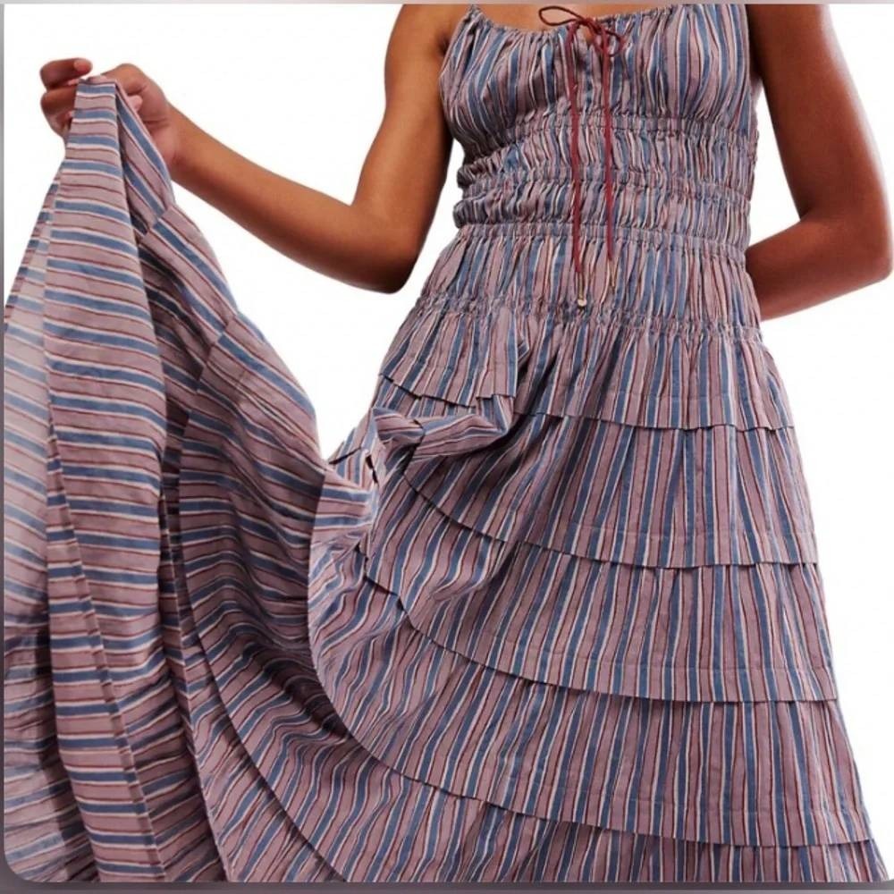 Free People Going Steady Tiered Striped Midi Dress Womens Large Milkmaid Cottage